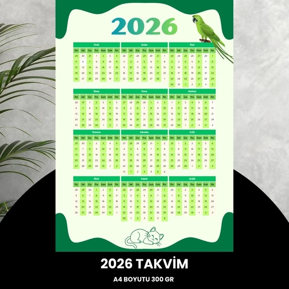 Norino Takvim 2026 Premium A4 300 Gr Dijital Baskı Yeşil-beyaz ürün görseli 1