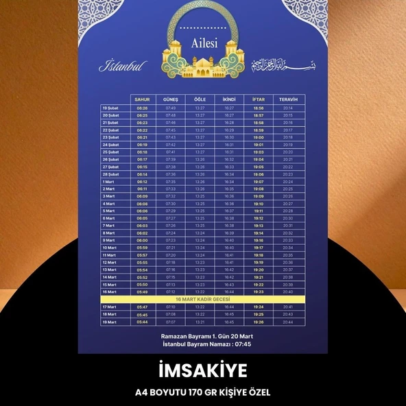 Norino Ramazan İmsakiyesi - 170 Gr - A4 Boyut Kişiye Özel İsimli & Logolu 100 Adet Mor ürün görseli 1