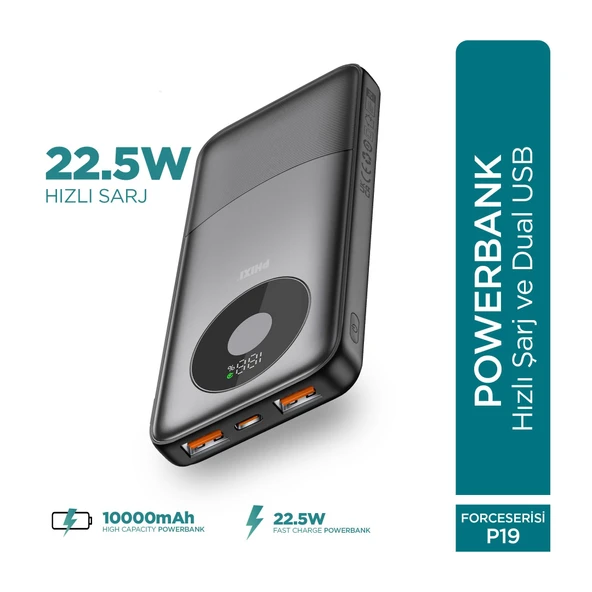 PHIXI Force P19 10000mAh Powerbank – 22.5W Hızlı Şarj Dual USB Taşınabilir Şarj Cihazı ürün görseli 1