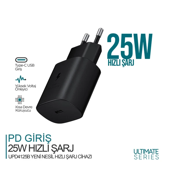 Ultimate Serisi UPD4125B 25W Type-C Girişli Hızlı Şarj Adaptörü Siyah ürün görseli 1