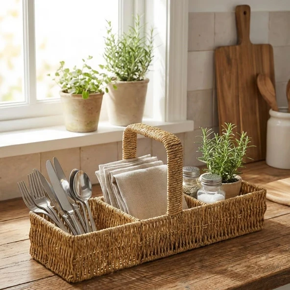 Norino Norino® 3 Bölmeli Plastik Rattan Düzenleyici–Saplı Masaüstü Organizer, Mutfak Kaşık Çatal Sepeti, Banyo & Ofis Çok Amaçlı Sunum Standı ürün görseli 1