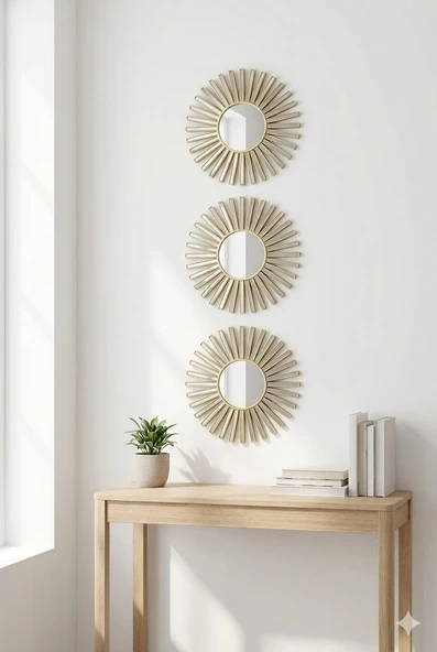 Norino 3’lü Gold Güneş Desenli Duvar Aynası Seti 25 cm | Dekoratif Yuvarlak Ayna ürün görseli 1