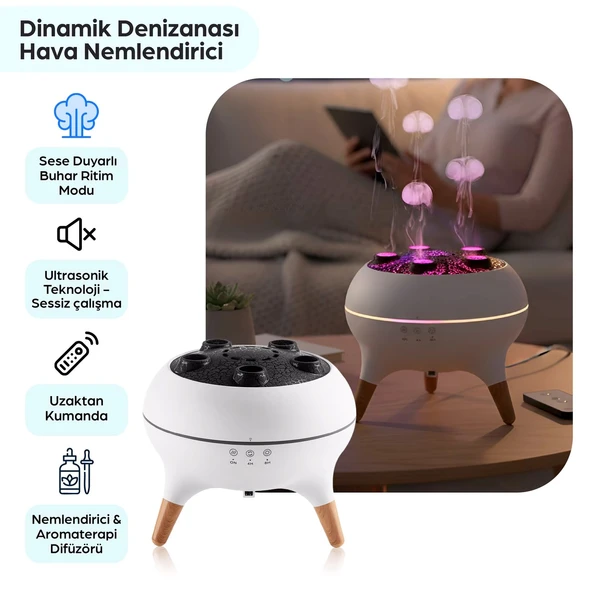 Norino Jellyfish Ultrasonik Hava Nemlendirici – Deniz Anası Tasarımlı, Kumandalı, LED Işıklı ve Sese Duyarlı Ritim Modlu Buhar Makinesi ürün görseli 1