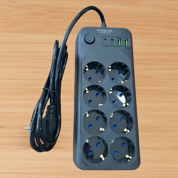 Norino Norino® Akım Korumalı Termal Uzatma Kablosu – 8 Priz, 2 USB ve 2 Type-C Girişli, Güçlü Çoklu Priz ürün görseli 1