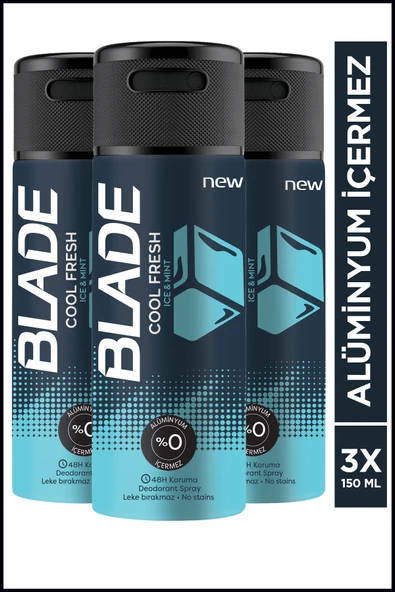BLADE Cool Fresh Erkek Alüminyumsuz Deodorant 3x150ml Hızlı Kurur,Leke Bırakmaz ürün görseli 1