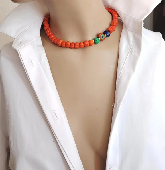 Turuncu Cam Kabak Boncuk Nazar Detaylı Choker Kolye ürün görseli 1