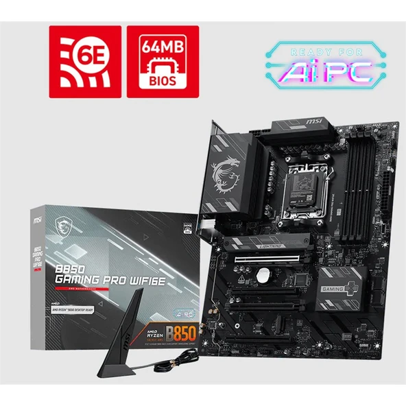 MSI MB B850 GAMING PRO WIFI6E DDR5 8200MT/S 1XHDMI 1XDP 2XM.2 USB ATX AM5 AMD AM5 9000/8000/7000 SERI ILE UYUMLU ürün görseli 1