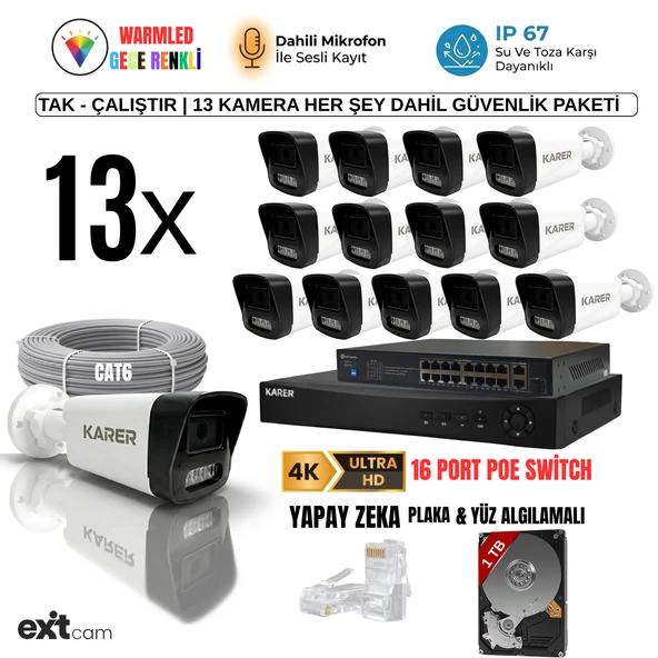 13'lü IP KAMERA-POELİ-5MP-ULTRA HD-4K 1920 ÇÖZÜNÜRLÜK-SESLİ-GECE RENKLİ GÖRÜŞ-İNSAN ve PLAKA ALGILAMALI SET ürün görseli 1