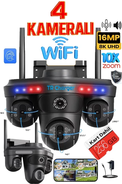TRCharger 256GB HAFIZA KARTLI WiFi 4 Lensli 3 PTZ 4 Kamera | 16MP Gece Görüş, Çift Yönlü Ses, Uzaktan Kontrol ürün görseli 1