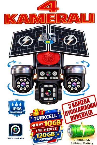 TRCharger 4 Kameralı (3 Motorlu + 1 Sabit)12MP 4G Solar Kamera AOV 7/24 Kayıt 1 Yıl 10GB Her Ay Turkcel Hediye ürün görseli 1