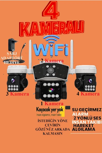 TRCharger Wifi 4 Kameralı 12MP PTZ Güvenlik Kamerası, Insan Algılama Uzaktan Izleme, Gece Görüşlü O-kam ürün görseli 1