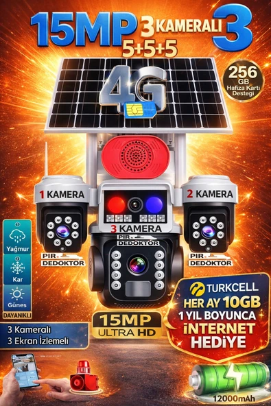 TRCharger 3 Kameralı Panelli 15MP Güvenlik Kamerası | Kırmızı & Mavi LED| Her Ay 10GB 1 Yıl Hediye 4G Sim Kart ürün görseli 1