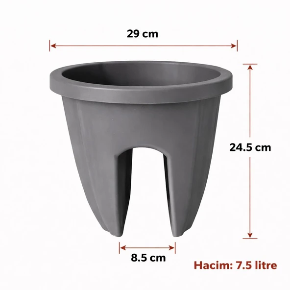 SY-5712 Opal Yuvarlak Balkon Küpeşte Saksı 7.5 Litre Antrasit 6 Adet - Resim 2