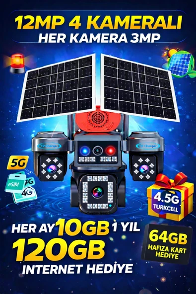 TRCharger 12MP 4 Kameralı Solar Güvenlik Kamerası | 7/24 Kayıt | 1 Yıl Türkcell Her Ay 10GB ve 64GB SD Hediye ürün görseli 1