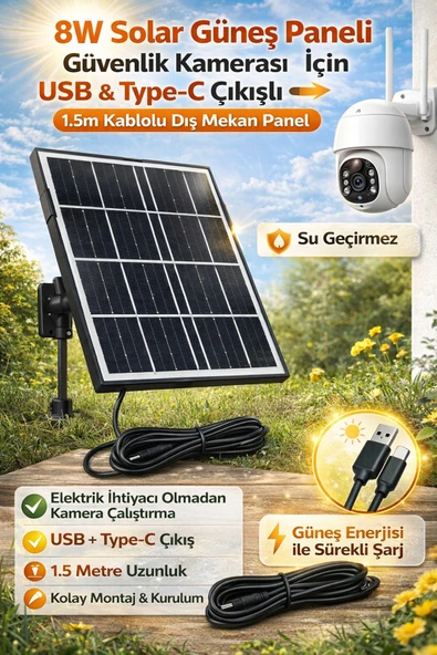 TRCharger 8W Solar Güneş Paneli Güvenlik Kamerası İçin USB & Type-C Çıkışlı 1.5m Kablolu Dış Mekan Panel ürün görseli 1