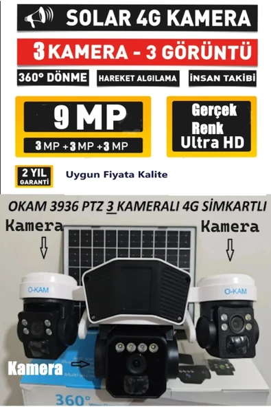 TRCharger O-Kam 3936 Solar Güneş Panelli 9MP 3+3+3MP 4G SIM Kartlı Güvenlik Kameralı Yeni Nesil Yapay Zeka ürün görseli 1