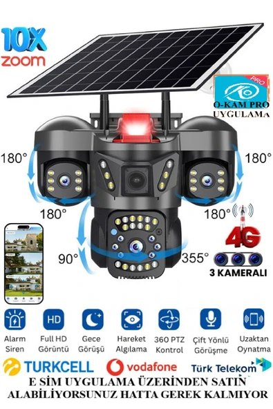 TRCharger O-Kam 9MP Lens 3 Kameralı 4G Solar Güvenlik Kamerası – UltraHD Renkli Gece Görüş ürün görseli 1