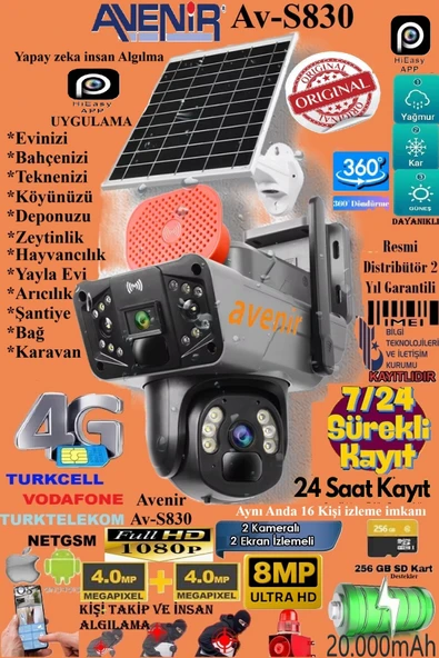 TRCharger Av-s830 Güneş Enerjili,sım Kartlı 4g,8mp Solar Güvenlik Kamerası,10x Zoom,360,güçlü Batarya ürün görseli 1