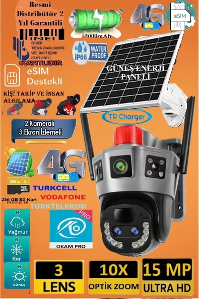 TRCharger OKAM PRO 6020 15MP 3 Lensli 4G eSIM Destekli Güneş Enerjili Güvenlik Kamerası – Renkli Gece Görüş ürün görseli 1
