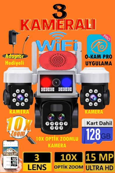 TRCharger 15MP 3 Kameralı 3 Ekran Ptz Wifi 3 Kamera Bildirim – Çakarlı, Yapay Zeka, Renkli Gece Görüşü ürün görseli 1