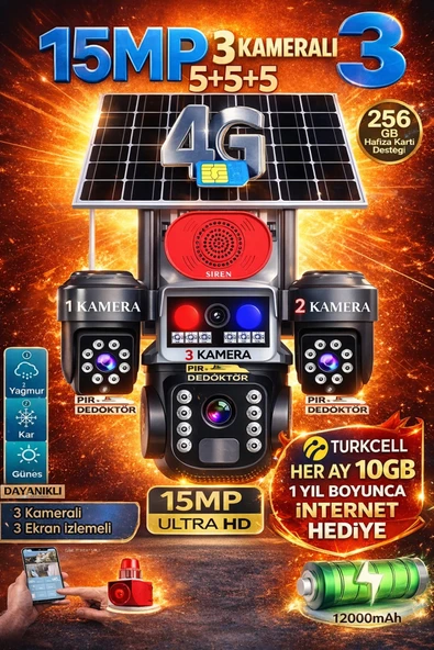 TRCharger 3 Kameralı 15MP Güvenlik Kamerası | Kırmızı & Mavi LED| Her Ay 10GB 1 Yıl Hediye 4G Sim Kart ürün görseli 1