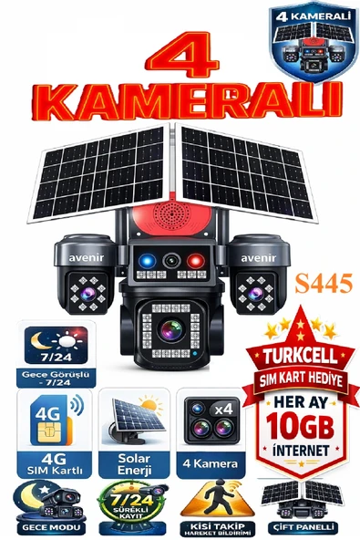 TRCharger Avenir S445 AOV 4 Kameralı Güneş Enerjili 4G Kamera 7/24 Kayıt 1 Yıl Her Ay 10GB Sim Kart Hediye ürün görseli 1