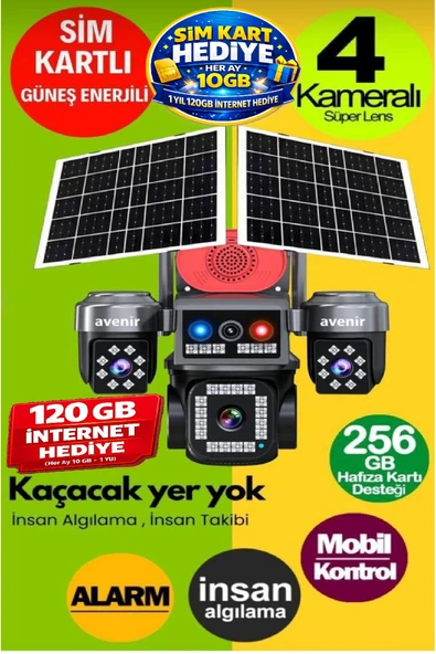 AVENİR 4 Kameralı Güneş Enerjili Güvenlik E-SIM–Çift Güneş Paneli, SIM Kartlı ürün görseli 1