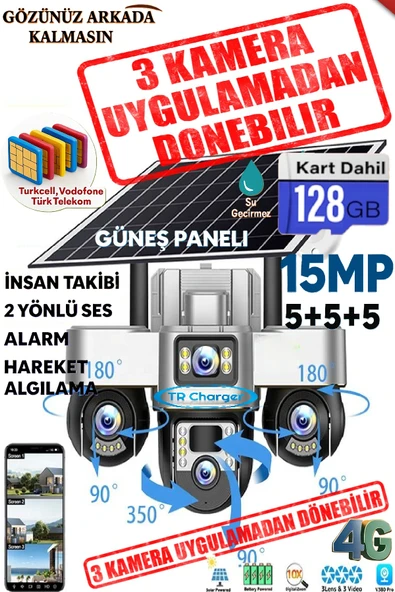 TRCharger Güneş Enerjili 3 Kameralı Güvenlik 15MP – Mobil Uygulama ile 3 Kamerayı Kolayca Yönlendirin 3 PTZ ürün görseli 1