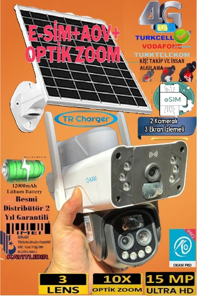 TRCharger OKAM PRO 3950 Solar 4G ve eSIM 15MP 3 Lens 10X Zoom Güneş Enerjili Renkli Gece Görüş Kamerası ürün görseli 1
