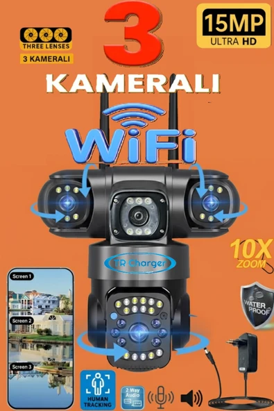 TRCharger AV-S834 PRO WiFi 3 Kameralı 15 MP (5MP+5MP+5MP) 10X Zoom Renkli Gece Görüşlü Güvenlik Kamerası ürün görseli 1