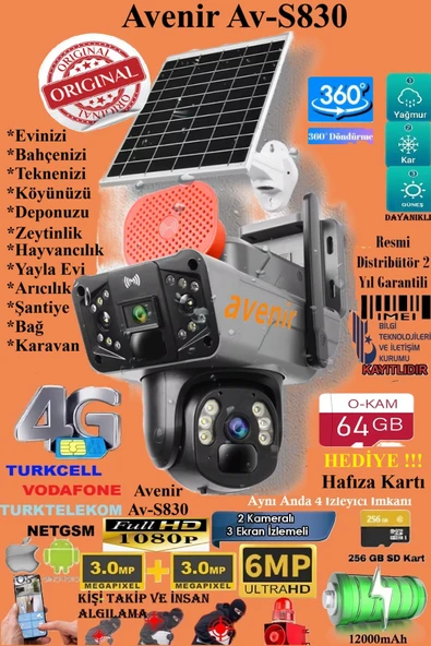 AVENİR Av-S830 Güneş Enerjili 4G Sim Kartlı 6MP Güvenlik Kamerası 10x Zoom Güçlü Batarya 3 Ekran ürün görseli 1