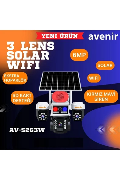 AVENİR AV-S263W Beyaz 3 Kameralı 6MP WİFİ Güneş Panelli Solar PTZ Kamera ürün görseli 1