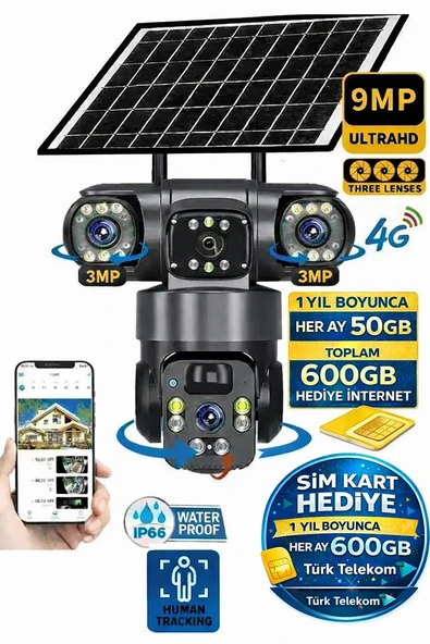 TRCharger Güneş enerjisi 9mp (3+3+3) Üç Kameralı Ultrahd 4g Güneş Enerjili Akıllı Güvenlik Kamerası ürün görseli 1