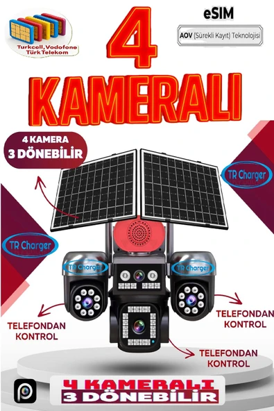 TRCharger 4 Kameralı 3 Dönebilir Güneş Enerjili Güvenlik E-SIM – Çift Güneş Paneli, SIM Kartlı AOV Çakarlı ürün görseli 1