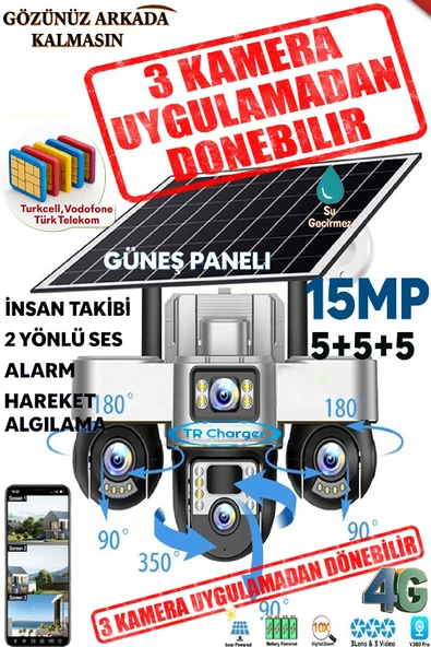 TRCharger Güneş Enerjili 3 Kameralı Güvenlik 15MP – Mobil Uygulama ile 3 Kamerayı Kolayca Kontrol Edin 3 PTZ ürün görseli 1