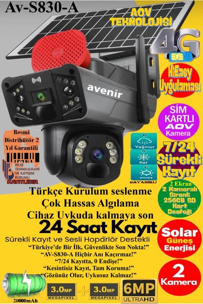 TRCharger Avenir AV-S830-A Türkçe Konuşan 7/24 Sürekli Kayıt Güneş Enerjili Güvenlik Kamerası HiEasy Uygulama ürün görseli 1