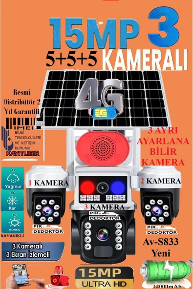TRCharger Av-s833 Solar Güneş Enerjili Panelli 3 Kameralı 15mp 3 Lens 4g Sim Kart Polis Çakarlı 3 Pır Sensör ürün görseli 1
