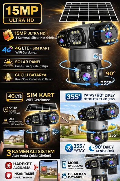 TRCharger Av-s834 Full Hd 15mp 3 Kameralı 12.000 Mah Solar Panelli Sim Kart Ile Çalışan Güvenlik Kamerası ürün görseli 1