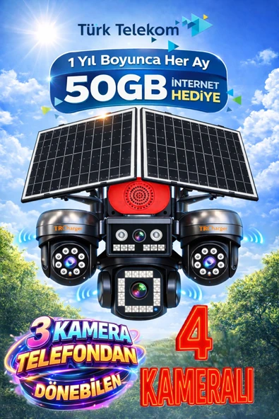 TRCharger 4 Kameralı 4G Solar Güvenlik Kamerası Sim Kartlı, 3 Motorize AOV 7/24 Kayıt, 1 Yıl Her Ay 50GB ürün görseli 1