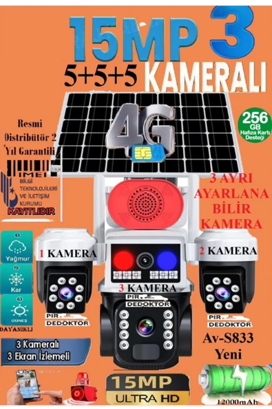 TRCharger 3 Kameralı 15MP Güneş Solar Panelli Sim Kart Ile Çalışan Güvenlik Kamerası Full Hd 12.000 Mah ürün görseli 1