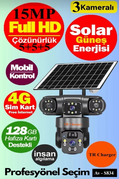 TRCharger 15mp (5 5 5) Üç Kameralı Ultrahd 4g Güneş Enerjili Akıllı Güvenlik Kamerası ürün görseli 1