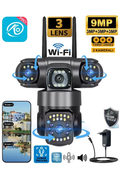 TRCharger O-Kam Pro 6030 3 Kamera 3 Görüntü 15MP (5MP+5MP+5MP) Gece Görüş Wifi Sesli Konuşma Türkçe ürün görseli 1