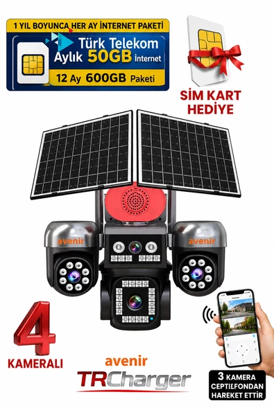 TRCharger AVENİR AV-S446 4 Kameralı 3 Kamera Telefondan Dönebilir Solar AOV 7/24 Kayıt 4G Sim Kart ürün görseli 1