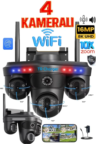 TRCharger WiFi 4 Lensli 3 PTZ 4 Kamera | 16MP Gece Görüş, Çift Yönlü Ses, Uzaktan Kontrol ürün görseli 1