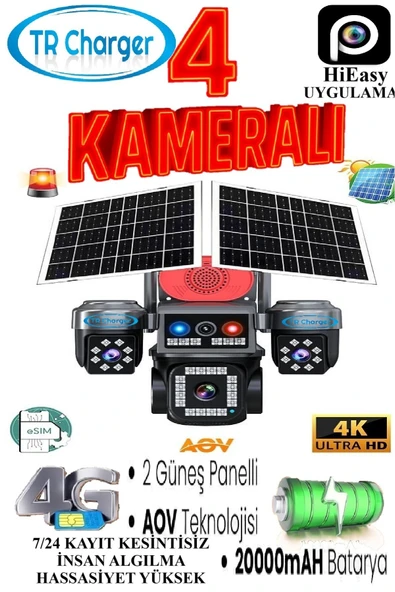 TRCharger 4 Kameralı E-SIM Güneş Enerjili Güvenlik Kamerası – Çift Güneş Paneli, SIM Kartlı AOV Akıllı Kamera ürün görseli 1