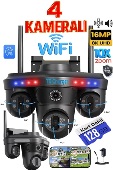 TRCharger 128GB HAFIZA KARTLI WiFi 4 Lensli 3 PTZ 4 Kamera | 16MP Gece Görüş, Çift Yönlü Ses, Uzaktan Kontrol ürün görseli 1