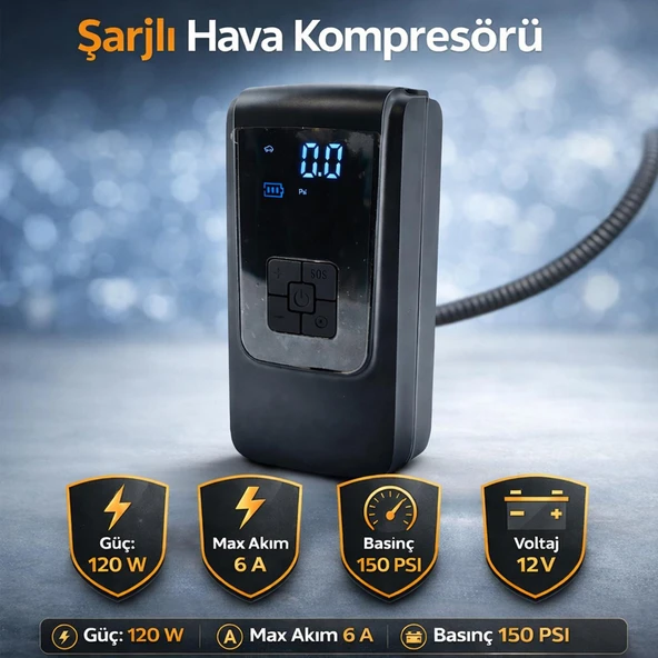 Şarjlı Hava Kompresörü Taşınabilir 150 PSI Araba Bisiklet Motor Top Lastik Şişirme Dijital Ekranlı ürün görseli 1