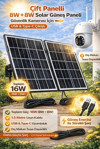 TRCharger 8W+8W ÇİFT Solar Güneş Paneli Güvenlik Kamerası İçin USB & Type-C Çıkışlı 1.5m Kablolu Dış Mekan ürün görseli 1