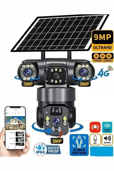 TRCharger 9MP 3 Lensli SIM + Güneş Enerjili PTZ Kamera - Gece Görüş, Sesli, 7/24 Profesyonel İzleme ürün görseli 1