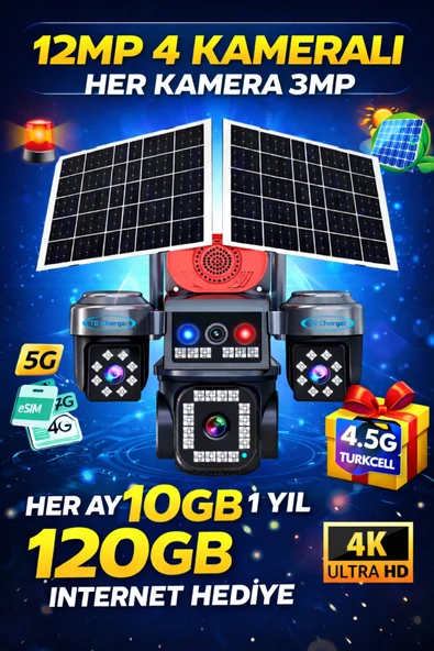 TRCharger 12MP 4 Kameralı eSIM’li Solar Güvenlik Kamerası | 7/24 Kayıt | Türkcell Her Ay 10GB 1 Yıl Hediyeli ürün görseli 1